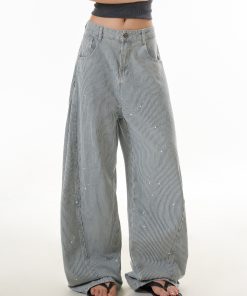 American Retro Striped Wide-Leg Jeans for Women, Trendy Draped Curved Slim Pants, Street Style Fashion