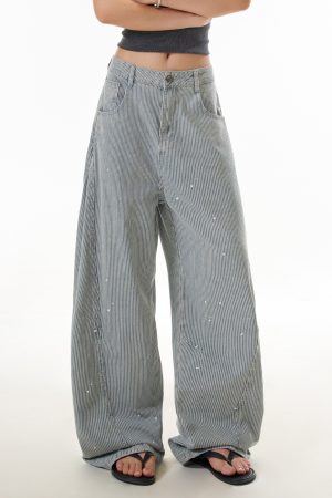 American Retro Striped Wide-Leg Jeans for Women, Trendy Draped Curved Slim Pants, Street Style Fashion