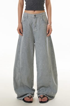 American Retro Striped Wide-Leg Jeans for Women, Trendy Draped Curved Slim Pants, Street Style Fashion