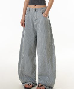 American Retro Striped Wide-Leg Jeans for Women, Trendy Draped Curved Slim Pants, Street Style Fashion