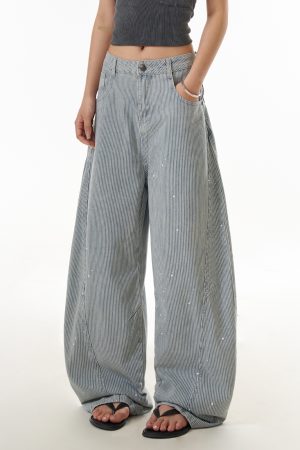 American Retro Striped Wide-Leg Jeans for Women, Trendy Draped Curved Slim Pants, Street Style Fashion
