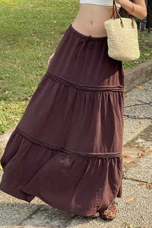 American Retro Vintage Draped Long Midi Skirt for Women - Worn Look Basic Brown Skirt in 90s Y2K Style