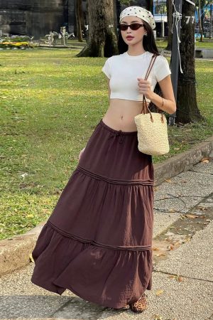 American Retro Vintage Draped Long Midi Skirt for Women - Worn Look Basic Brown Skirt in 90s Y2K Style
