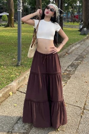American Retro Vintage Draped Long Midi Skirt for Women - Worn Look Basic Brown Skirt in 90s Y2K Style