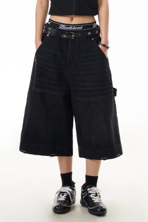 American Retro Wave Washed Seven-Point Denim Shorts for Women - Summer Loose Wide-Leg Mid-Length Casual Style