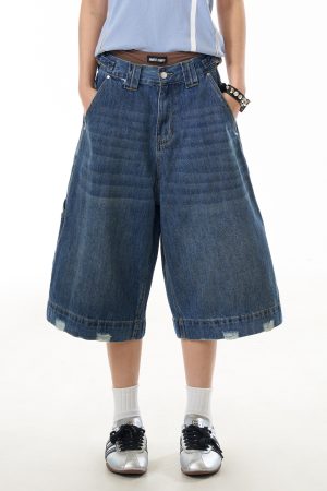 American Retro Wave Washed Seven-Point Denim Shorts for Women - Summer Loose Wide-Leg Mid-Length Casual Style