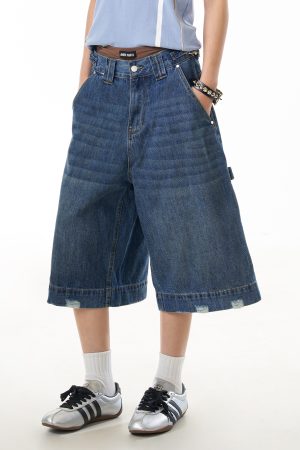 American Retro Wave Washed Seven-Point Denim Shorts for Women - Summer Loose Wide-Leg Mid-Length Casual Style