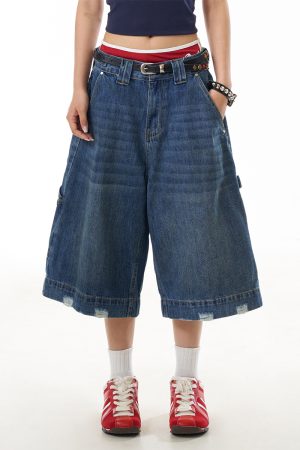 American Retro Wave Washed Seven-Point Denim Shorts for Women - Summer Loose Wide-Leg Mid-Length Casual Style