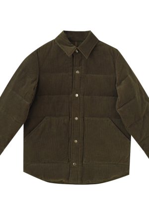 American Retro White Goose Down Jacket with Lapel, Loose Thick Corduroy Couples Jacket, Cozy 90s Style Outerwear