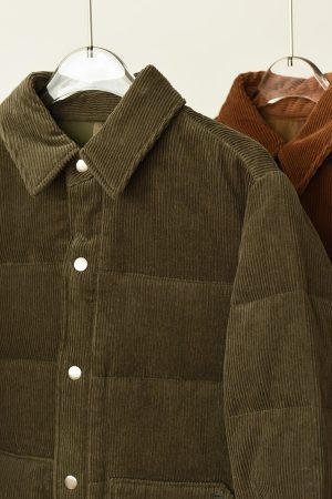 American Retro White Goose Down Jacket with Lapel, Loose Thick Corduroy Couples Jacket, Cozy 90s Style Outerwear