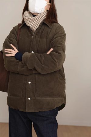 American Retro White Goose Down Jacket with Lapel, Loose Thick Corduroy Couples Jacket, Cozy 90s Style Outerwear