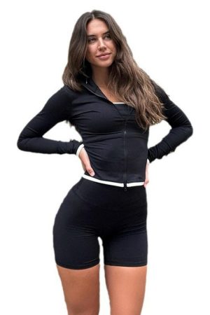 American Street Style 3-Piece Fitness Set - Zip-Up Cardigan, Long Sleeve Top & Tank Shorts for Yoga & Casual Sports