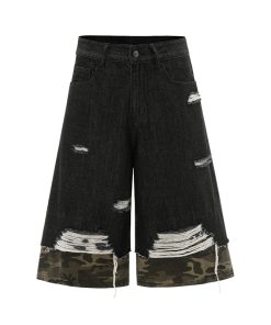 American Street Style Patchwork Camouflage Denim Capri Pants - Trendy 2025 Summer Shorts for Y2K Fashion Lovers
