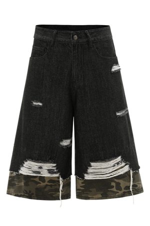 American Street Style Patchwork Camouflage Denim Capri Pants - Trendy 2025 Summer Shorts for Y2K Fashion Lovers