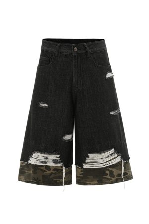 American Street Style Patchwork Camouflage Denim Capri Pants - Trendy 2025 Summer Shorts for Y2K Fashion Lovers