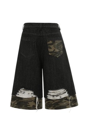 American Street Style Patchwork Camouflage Denim Capri Pants - Trendy 2025 Summer Shorts for Y2K Fashion Lovers