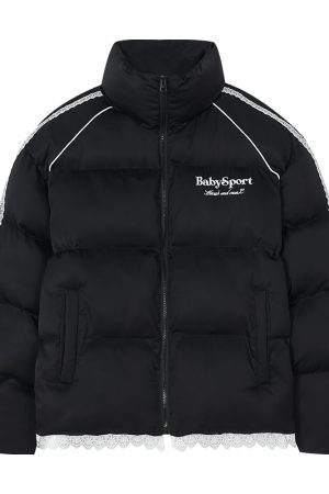 American-Style Lace Spliced Sports Ballet Windbreaker Jacket with Stand-Up Collar - Thermal Cotton for Cool Weather Fashion
