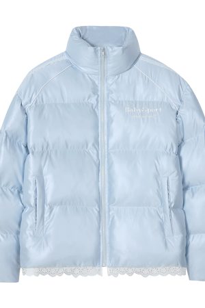 American-Style Lace Spliced Sports Ballet Windbreaker Jacket with Stand-Up Collar - Thermal Cotton for Cool Weather Fashion