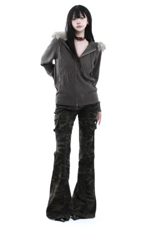 American Vintage Brown Fur Collar Hooded Cable Knit Long Sleeve Jacket Slim Fit Zipper Sweater for Effortless Chic Style