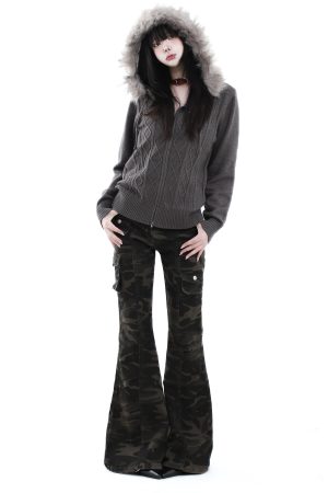 American Vintage Brown Fur Collar Hooded Cable Knit Long Sleeve Jacket Slim Fit Zipper Sweater for Effortless Chic Style