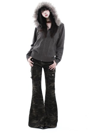 American Vintage Brown Fur Collar Hooded Cable Knit Long Sleeve Jacket Slim Fit Zipper Sweater for Effortless Chic Style