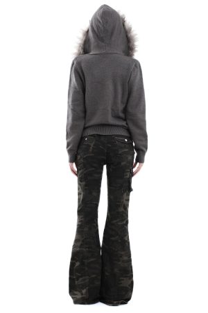 American Vintage Brown Fur Collar Hooded Cable Knit Long Sleeve Jacket Slim Fit Zipper Sweater for Effortless Chic Style