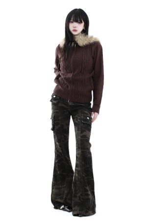 American Vintage Brown Fur Collar Hooded Cable Knit Long Sleeve Jacket Slim Fit Zipper Sweater for Effortless Chic Style