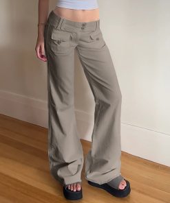American Vintage Distressed Low Waist Casual Pants - Multi-Pocket Woven Straight Leg Trousers for Street Style Fashion