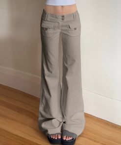 American Vintage Distressed Low Waist Casual Pants - Multi-Pocket Woven Straight Leg Trousers for Street Style Fashion