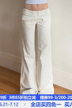 American Vintage Distressed Low Waist Casual Pants - Multi-Pocket Woven Straight Leg Trousers for Street Style Fashion
