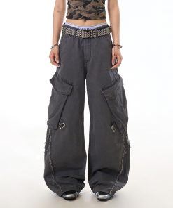 American Vintage Frayed Strap Work Pants for Women - Loose Straight Leg, Big Pocket, Washed Wide Leg Casual Trousers