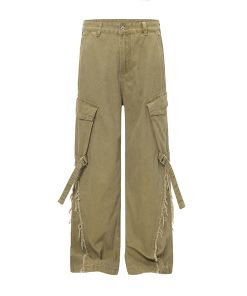 American Vintage Frayed Strap Work Pants for Women - Loose Straight Leg, Big Pocket, Washed Wide Leg Casual Trousers