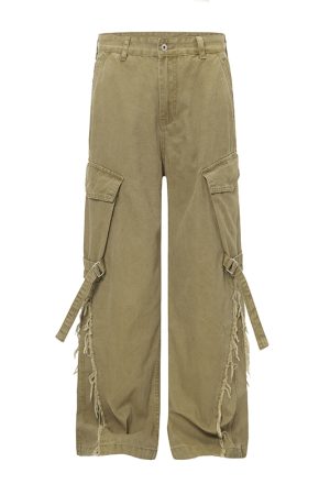 American Vintage Frayed Strap Work Pants for Women - Loose Straight Leg, Big Pocket, Washed Wide Leg Casual Trousers