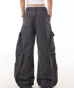 American Vintage Frayed Strap Work Pants for Women - Loose Straight Leg, Big Pocket, Washed Wide Leg Casual Trousers