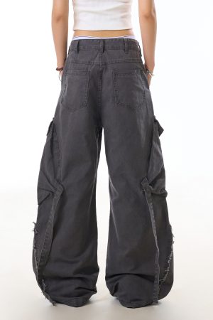 American Vintage Frayed Strap Work Pants for Women - Loose Straight Leg, Big Pocket, Washed Wide Leg Casual Trousers