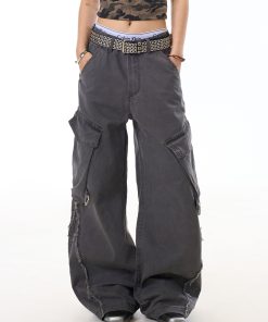 American Vintage Frayed Strap Work Pants for Women - Loose Straight Leg, Big Pocket, Washed Wide Leg Casual Trousers