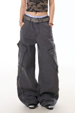 American Vintage Frayed Strap Work Pants for Women - Loose Straight Leg, Big Pocket, Washed Wide Leg Casual Trousers