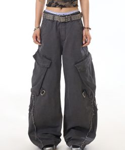 American Vintage Frayed Strap Work Pants for Women - Loose Straight Leg, Big Pocket, Washed Wide Leg Casual Trousers