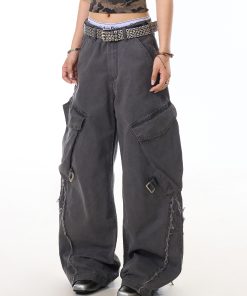 American Vintage Frayed Strap Work Pants for Women - Loose Straight Leg, Big Pocket, Washed Wide Leg Casual Trousers