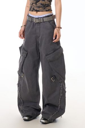American Vintage Frayed Strap Work Pants for Women - Loose Straight Leg, Big Pocket, Washed Wide Leg Casual Trousers