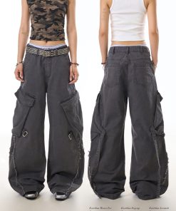 American Vintage Frayed Strap Work Pants for Women - Loose Straight Leg, Big Pocket, Washed Wide Leg Casual Trousers