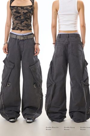 American Vintage Frayed Strap Work Pants for Women - Loose Straight Leg, Big Pocket, Washed Wide Leg Casual Trousers