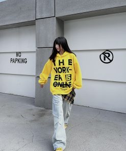 American Vintage Letter Yellow Hoodie for Women and Men | Loose Fit, Casual Style Sweatshirt