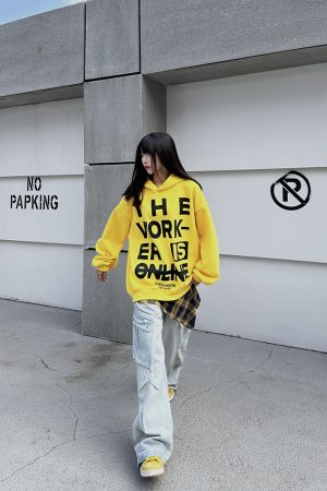 American Vintage Letter Yellow Hoodie for Women and Men | Loose Fit, Casual Style Sweatshirt