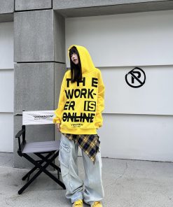 American Vintage Letter Yellow Hoodie for Women and Men | Loose Fit, Casual Style Sweatshirt