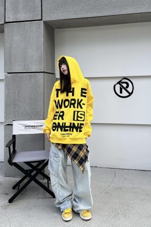 American Vintage Letter Yellow Hoodie for Women and Men | Loose Fit, Casual Style Sweatshirt