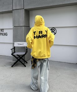 American Vintage Letter Yellow Hoodie for Women and Men | Loose Fit, Casual Style Sweatshirt