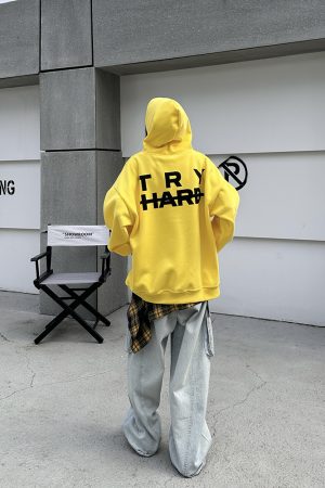 American Vintage Letter Yellow Hoodie for Women and Men | Loose Fit, Casual Style Sweatshirt