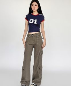 American Vintage Multi-Pocket Casual Pants for Women - Summer Street Style Black Slim Straight Leg Trousers