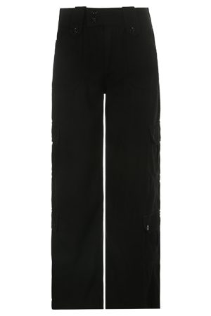 American Vintage Multi-Pocket Casual Pants for Women - Summer Street Style Black Slim Straight Leg Trousers